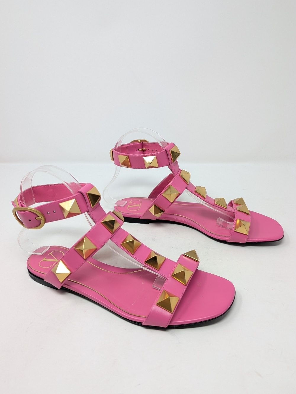 Valentino Garavani Roman Stud Pink Leather Ankle Strap Sandals Size 38.5